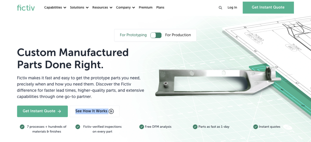 A screenshot of the fictiv website showcasing their custom manufacturing services for prototyping and production, an option among xometry competitors, with an image of engineered parts and blueprints.